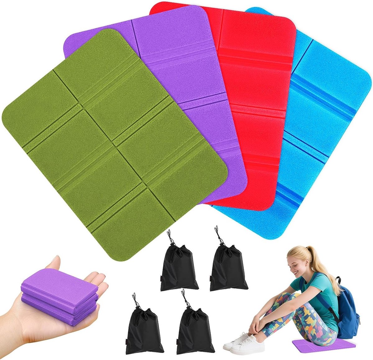 Opvouwbare Zitkussens voor Buiten, Waterdichte Thermo-isolatie, Draagbare Kussens met Opbergzakken voor Picknick, Wandelen en Kamperen - 4 Kleuren Beschikbaar
