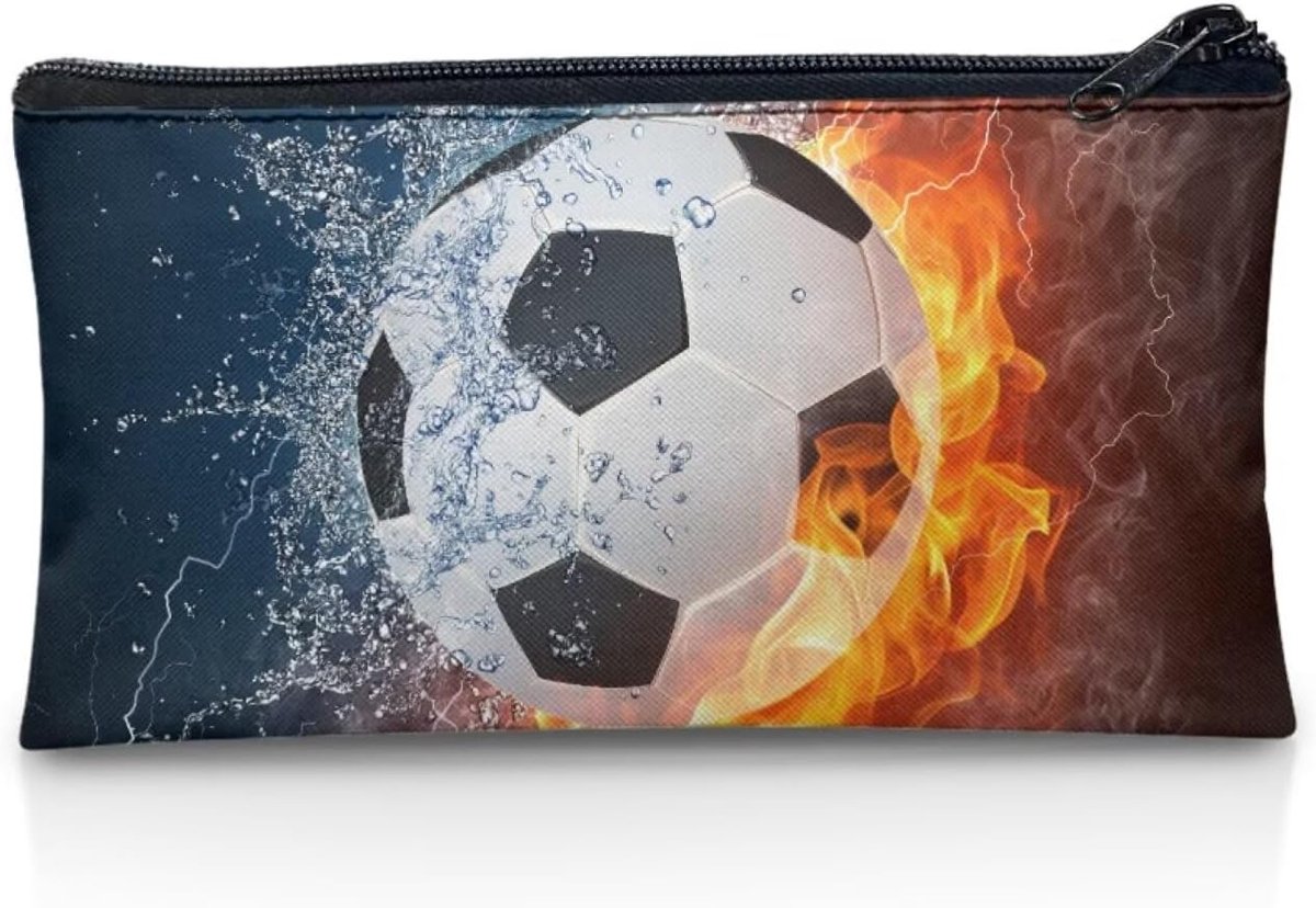 SnelShoppen - Gepersonaliseerde Pennenzak voor Schoolkinderen - Opbergmap voor Jongens en Meisjes - Groot Capaciteit - Flame Football Design - Canvas