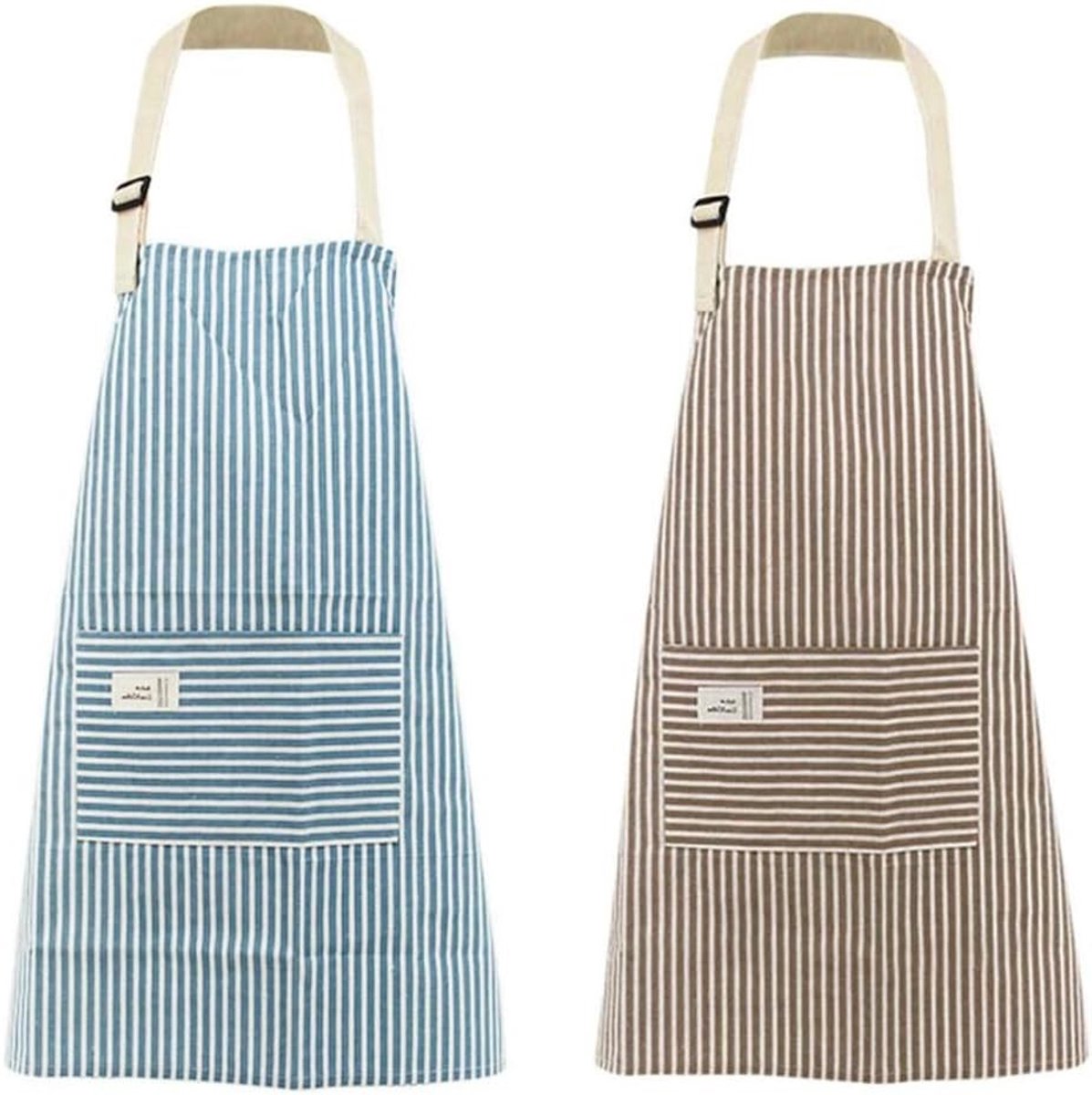 Stijlvolle Keuken Schorten met Zakken, 2 Stuks in Blauw en Koffie Streep, Verstelbaar Kato