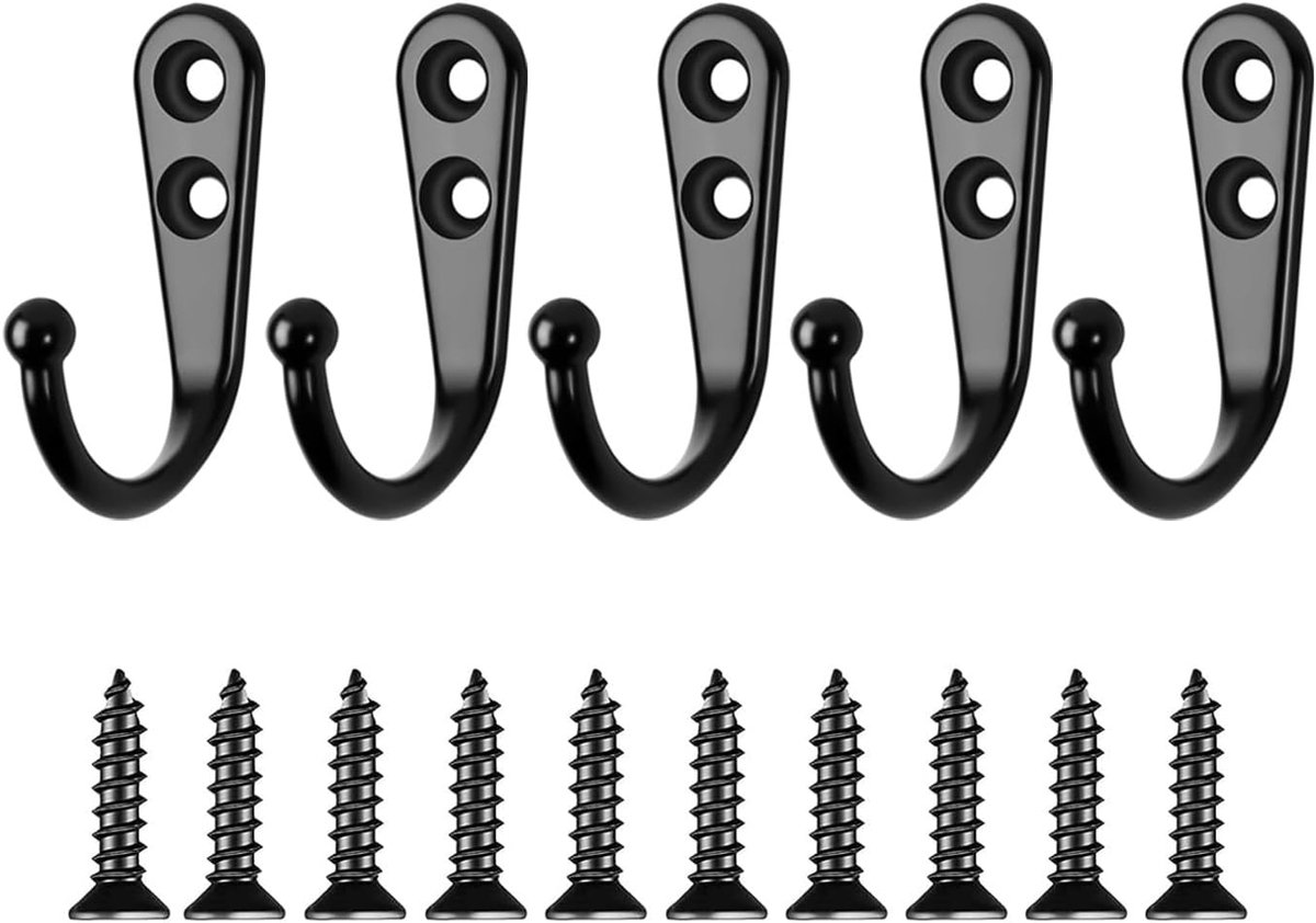 SnelShoppen - Pack van 5 Retro Wandhaken voor Kleding, Hoeden en Handdoeken - Duurzame Zinklegering in Antiek Zwart - Ideaal voor Keuken, Badkamer en