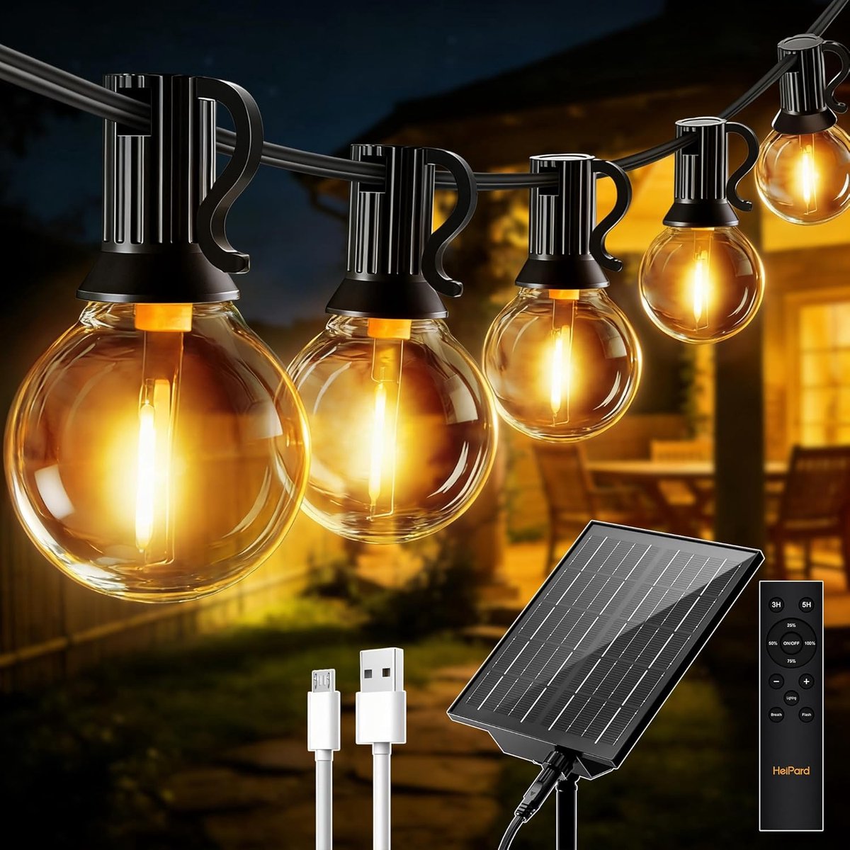 SnelShoppen - HeiPard Led-lichtketting op zonne-energie, 20m met 35+2 dimbare G40 gloeilampen, 3 modi, outdoor-afstandsbediening, waterdicht warmwit v