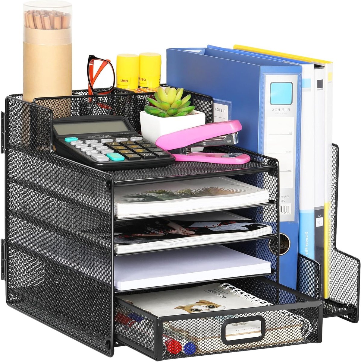 Vijflaags Bureau Organizer met Verticale Bestandsordner en Tijdschriftenhouder - Zwart, Ideaal voor Papieren, Documenten en Kantoorbenodigdheden