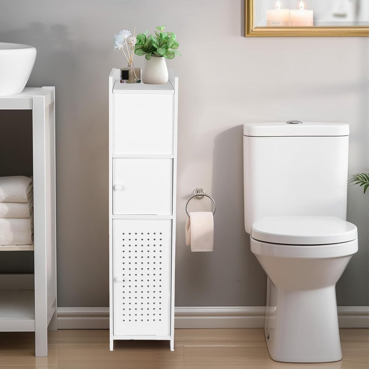 SnelShoppen - Toiletpapier Houder Stand - Witte Slimme Badkameropbergkast met Deuren - Compacte Opslag voor Kleine Ruimtes - Ideaal voor Hoekplaatsing