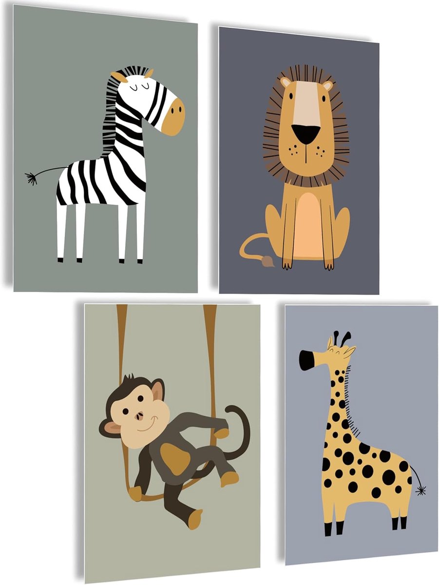 SnelShoppen - Posters Kinderkamer Set - Wanddecoratie Jongens en Meisjes - Safari Thema - Kwaliteit Papier - Creatieve Wandkunst voor Kinderkamer - 4