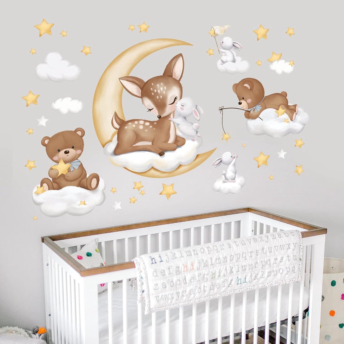SnelShoppen - Wandstickers Dieren Bear Deer Maan Sterren Wolken voor Kinderkamer Babykamer - Peel en Stick Wanddecoratie - Hoogwaardige PVC - 1 Set