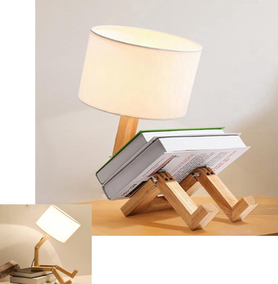 KZQ Schattige bureau- en leeslamp met houten basis - Veranderbare robotvorm - Linnen kap - Perfect voor slaapkamer kinderkamer en woonkamer - Creatief en functioneel ontwerp