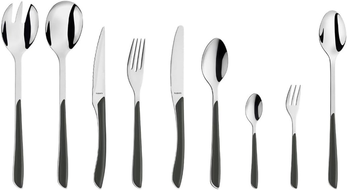 SnelShoppen - PRISMA Bestekset 44-delig van RVS met Matte Afwerking, 6 Persoons Gereedschap met Kunststof Handvatten in Slate Grey, Roestvrij, Vaatwas