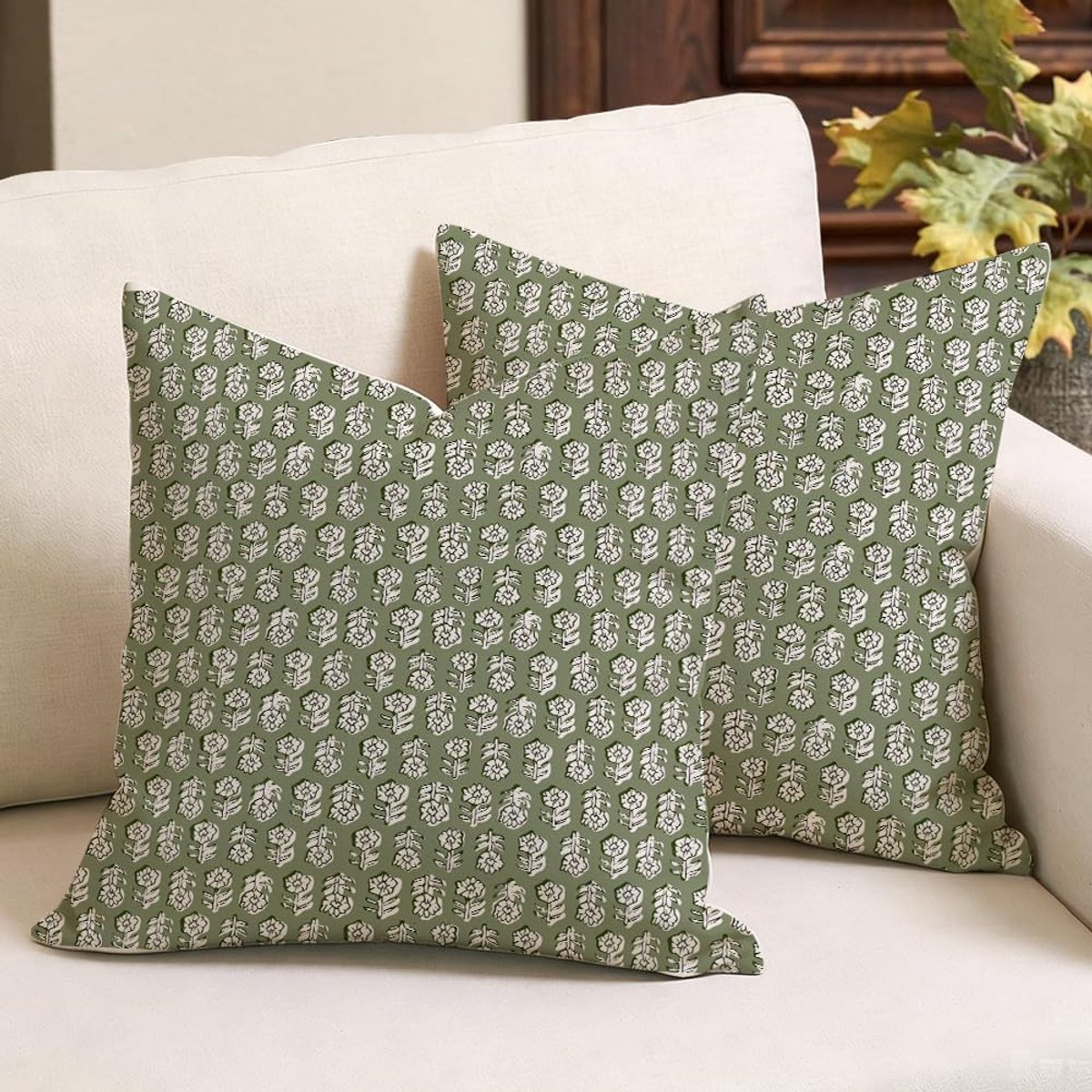 SnelShoppen - Set van 2 Boho Kussenhoezen 45 x 45 cm - Moderne Bloemenprint - Katoen Linnen Buiten & Binnen Decoratie voor Tuinbank & Woonkamer