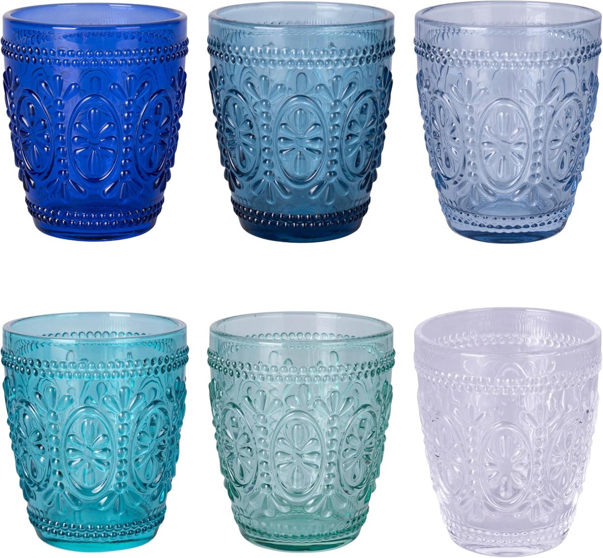 SnelShoppen - Set van 6 Waterglazen 300 ml - Blauw Geëmbosseerd - Geschikt voor Feest, Keuken en Tuin - Vaatwasserbestendig - Imperial Ocean Design