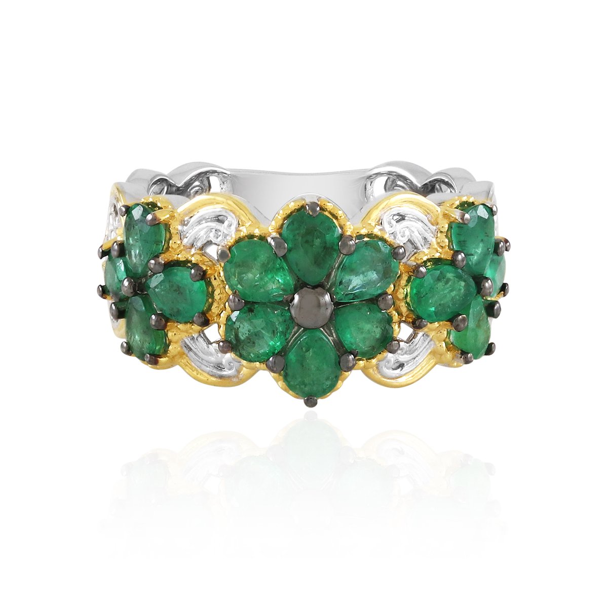 Cavill - Zilveren ring 925 sterling met 14 peervormige Zambia smaragden - 2,016 ct bloemmotief - elegante damesring smaragd sieraden luxe