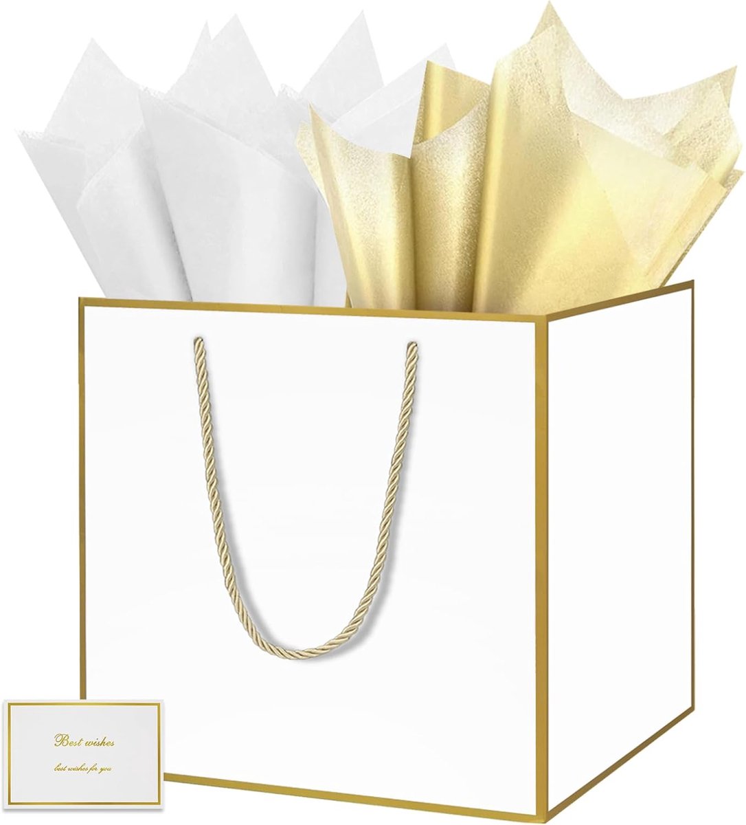 SnelShoppen - Grote Witte Cadeautas 30x30x30 cm van Papier, Vierkante Verpakkingen voor Verjaardagsfeesten, Inclusief 1 Kaart en 1 Servet