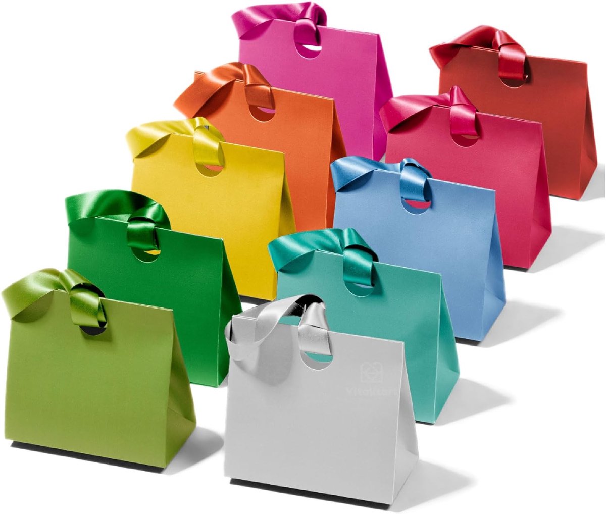 SnelShoppen - Set van 10 Mini Cadeauzakjes 15.5 x 7.3 x 14.5 cm met Satijnen Handvatten in Gemengde Kleuren - Herbruikbare Papieren Cadeauverpakkingen