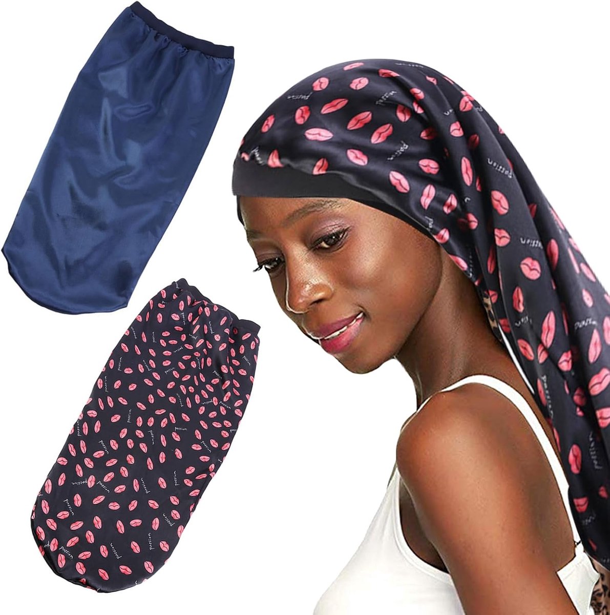 SnelShoppen - Extra Large Satin Sleep Cap voor Lang Krullend Haar - 2 Stuks Zijden Nachtmutsen voor Dames, Zwarte en Donkerblauwe Slap Hat voor Besche