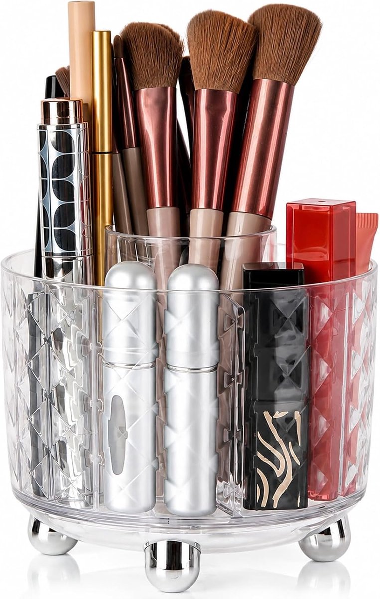 SnelShoppen - 360° Rotatable Makeup Organizer, Make-up Organizer met 6 Compartimenten, Brush Holder en Cosmetics Makeup Storage in Zilver voor Dressin
