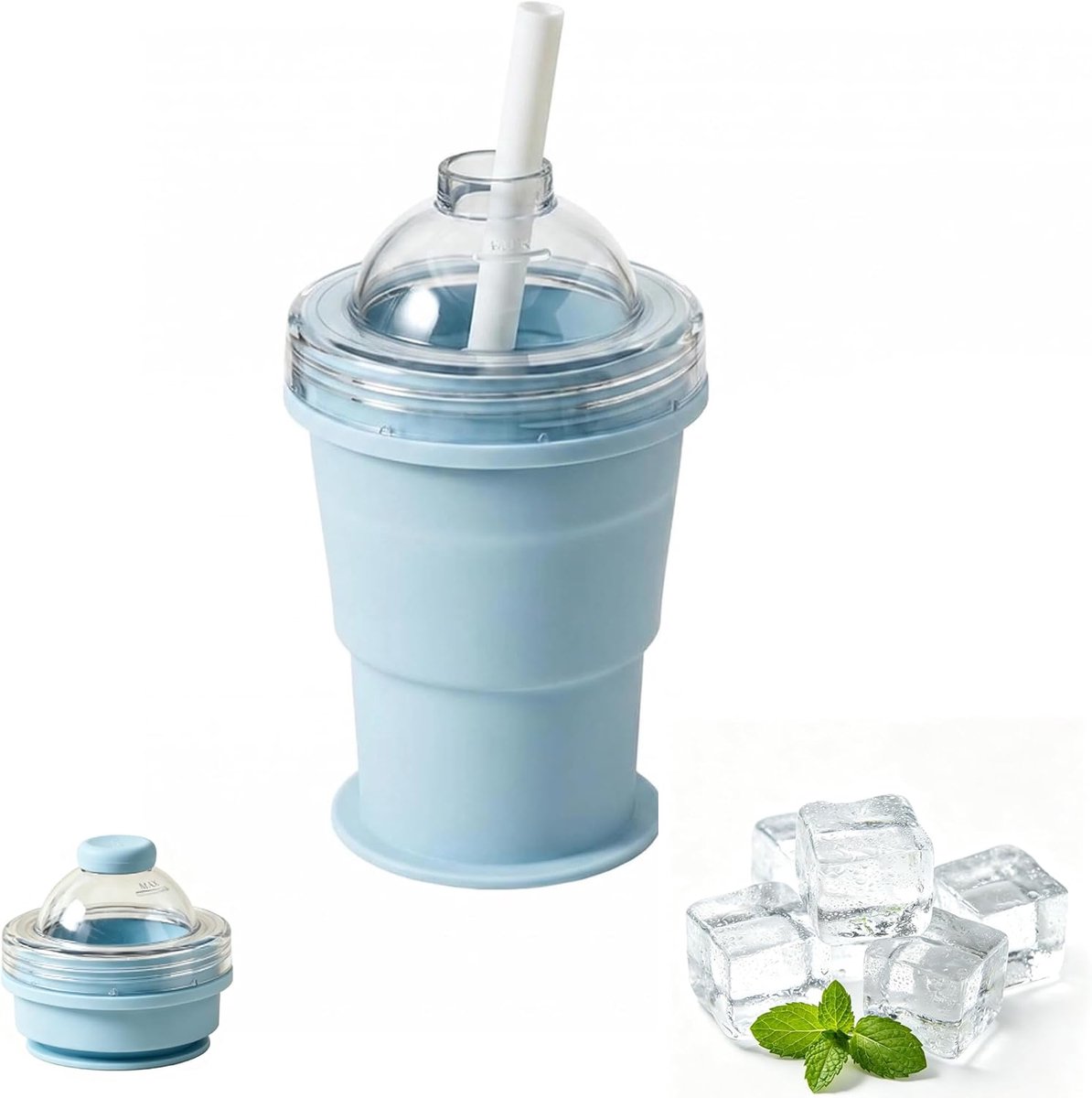 waterfles met rietje - ijsblokjesvorm- ijsvormpjes - Lekvrije reisbeker - Herbruikbare beker - Sportbeker buitenshuis - 2-in-1 opvouwbare siliconen ijsbalbeker - met rietje en deksel, whisky en cocktails, geschikt voor sportschool, kamperen en thuis