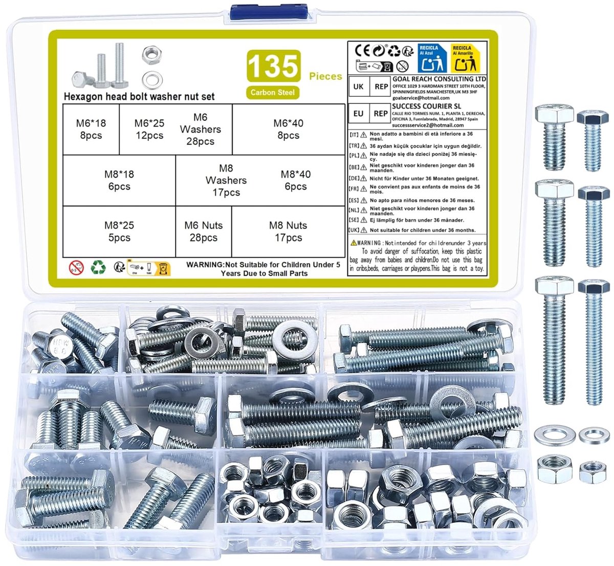 SnelShoppen - 135pcs M6 M8 Zeskantbouten, Machinebouten en Moeren & Ringen Set, Metrische Zeskantschroeven met Moeren en Ringen Assortiment