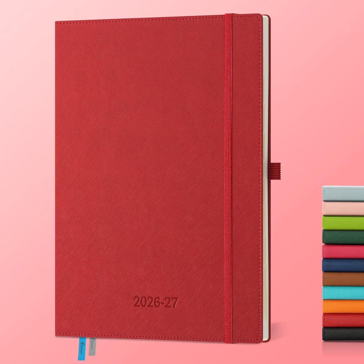 SnelShoppen - Agenda 2026 2027, Week Planner A4, Notitieboek, 18-Maanden Planner met PU Leren Kaft, 80 GSM Papier, Rood, Horizontaal Weekoverzicht, Ju