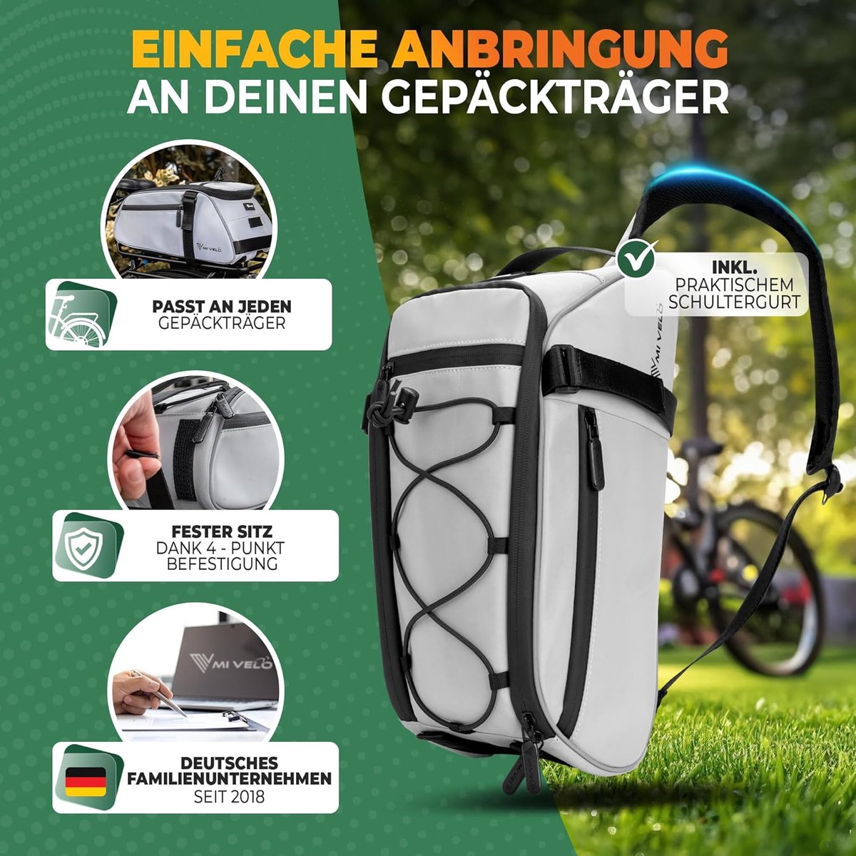 SnelShoppen - 3-in-1 Fietstas, Schoudertas, Pannier Rack Bag, 9 Liter, Waterdicht, Reflecterend, Multifunctioneel voor Fietsen, Veilig in Donker en Re