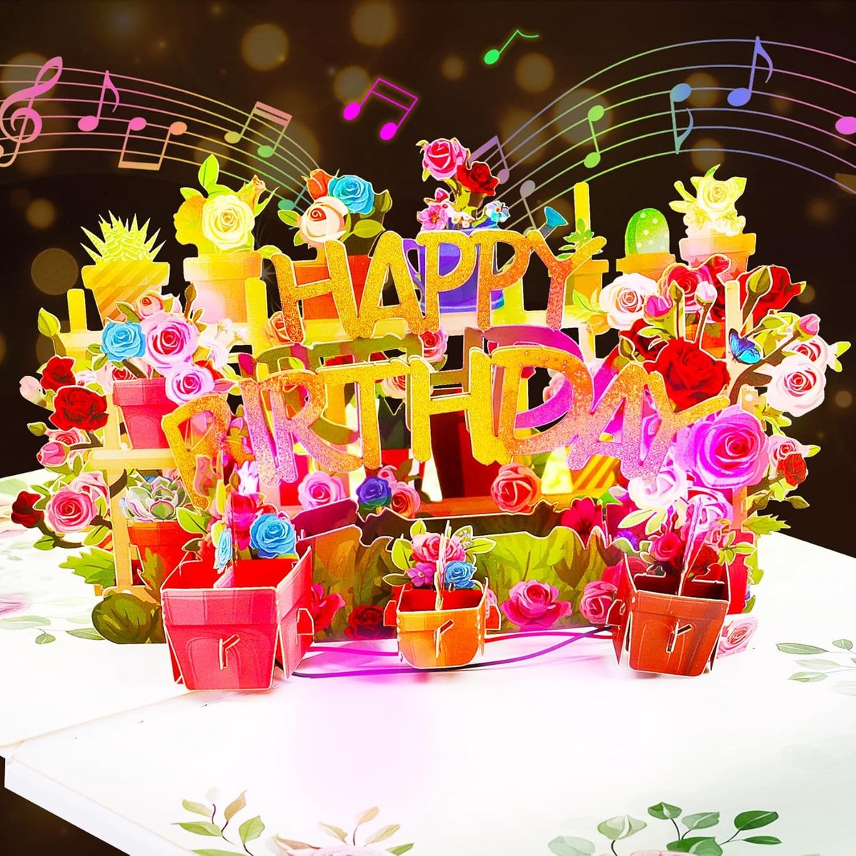 SnelShoppen - Verjaardagskaart met Lichten en Muziek, Pop-up Bloemkaarten, Happy Birthday Cadeau voor Vrouw, Man, Beste Vriendin, Kinderen, Feest, Ver