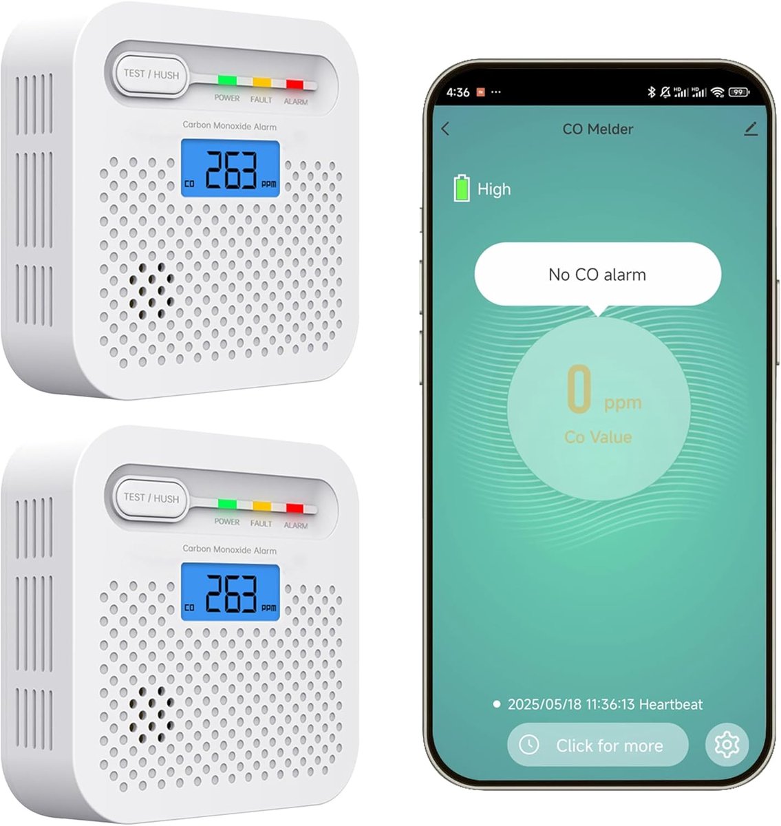 SnelShoppen - CO Detector, Koolmonoxidemelder met 10 Jaar Batterij, LCD Display, 85 dB Alarm, EN 50291 Gecertificeerd, 2 Stuks