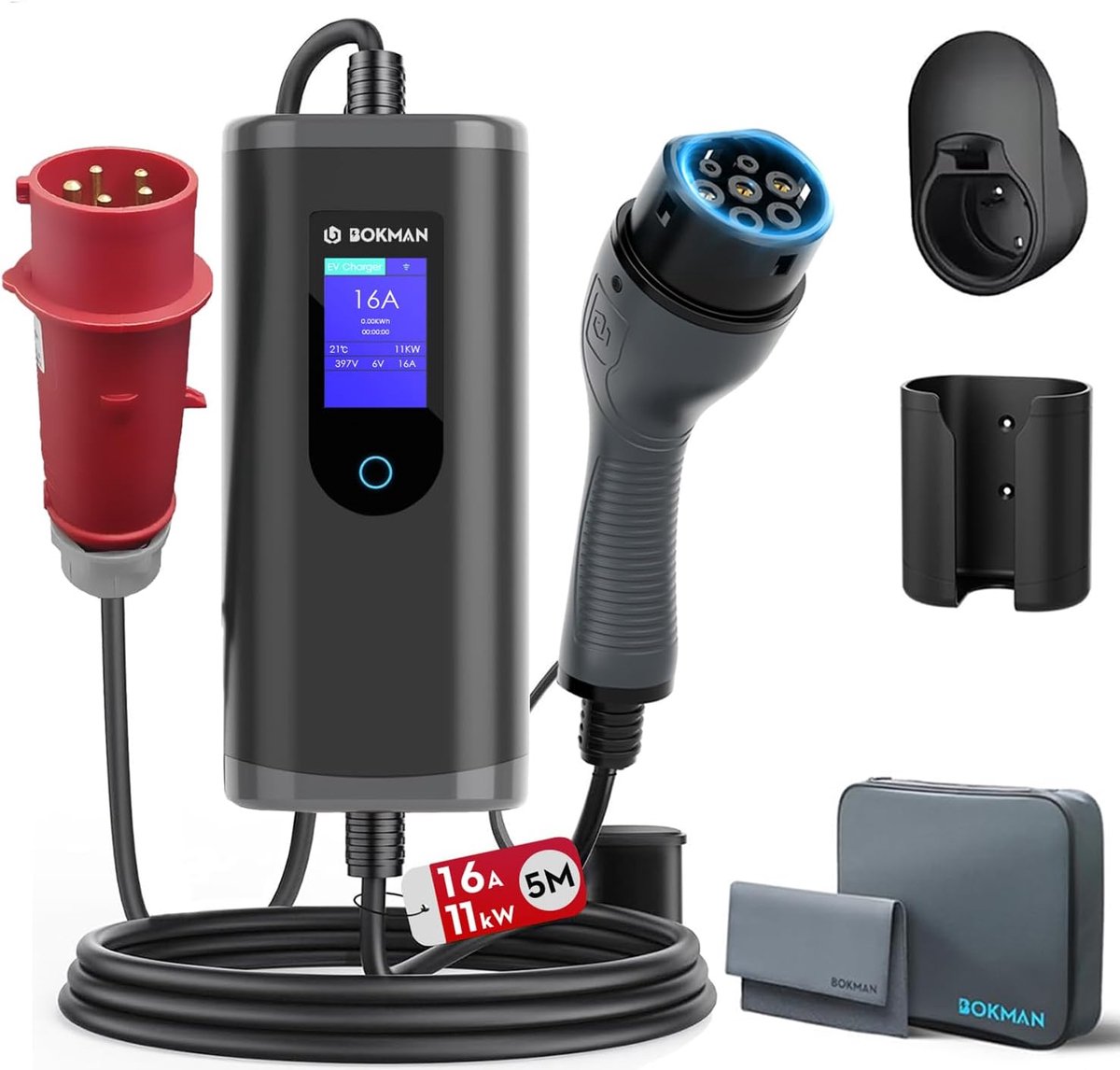 SnelShoppen - EV Charger Type 2 CEE 16A 3-Fase 11kW met 5M Oplaadkabel en Digitale LCD Controle voor Tesla Model Y/3, ID.3/4/5, e-tron, Zoe en PHEVs