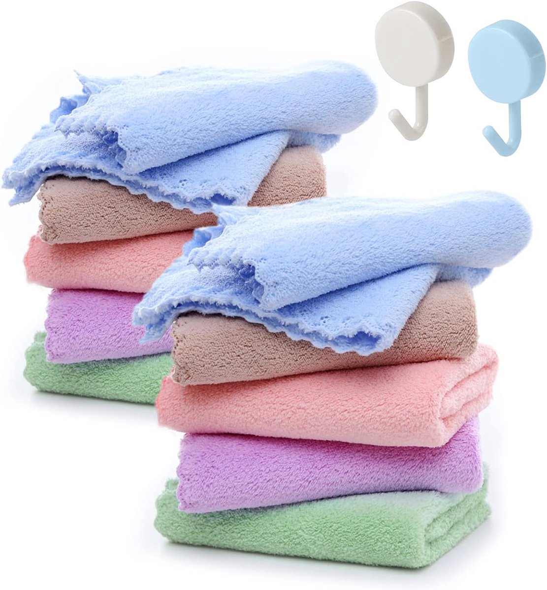 SnelShoppen - Pack van 10 Baby Handdoeken en 2 Haakjes Kleurrijke Coral Fleece Doekjes, Zachte Baby Gezichtsdoekjes, Burp Doeken, Super Absorberend vo