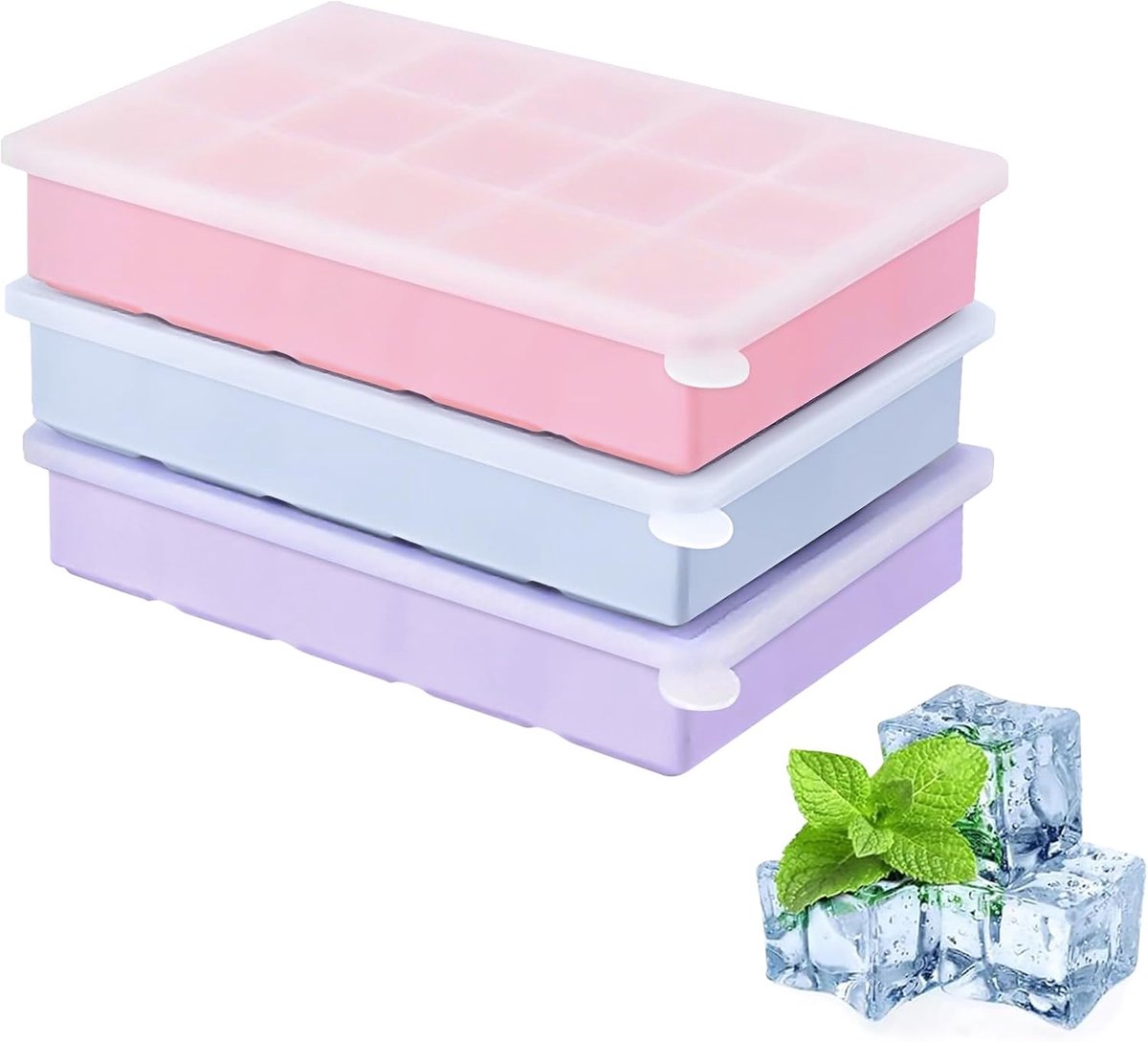 SnelShoppen - 3 Silicone Ice Cube Tray met Deksel, 15 Compartimenten, BPA Vrij, Vierkante IJsblokjes voor Drankjes, Whisky, Cocktails (Blauw, Roze, Pa