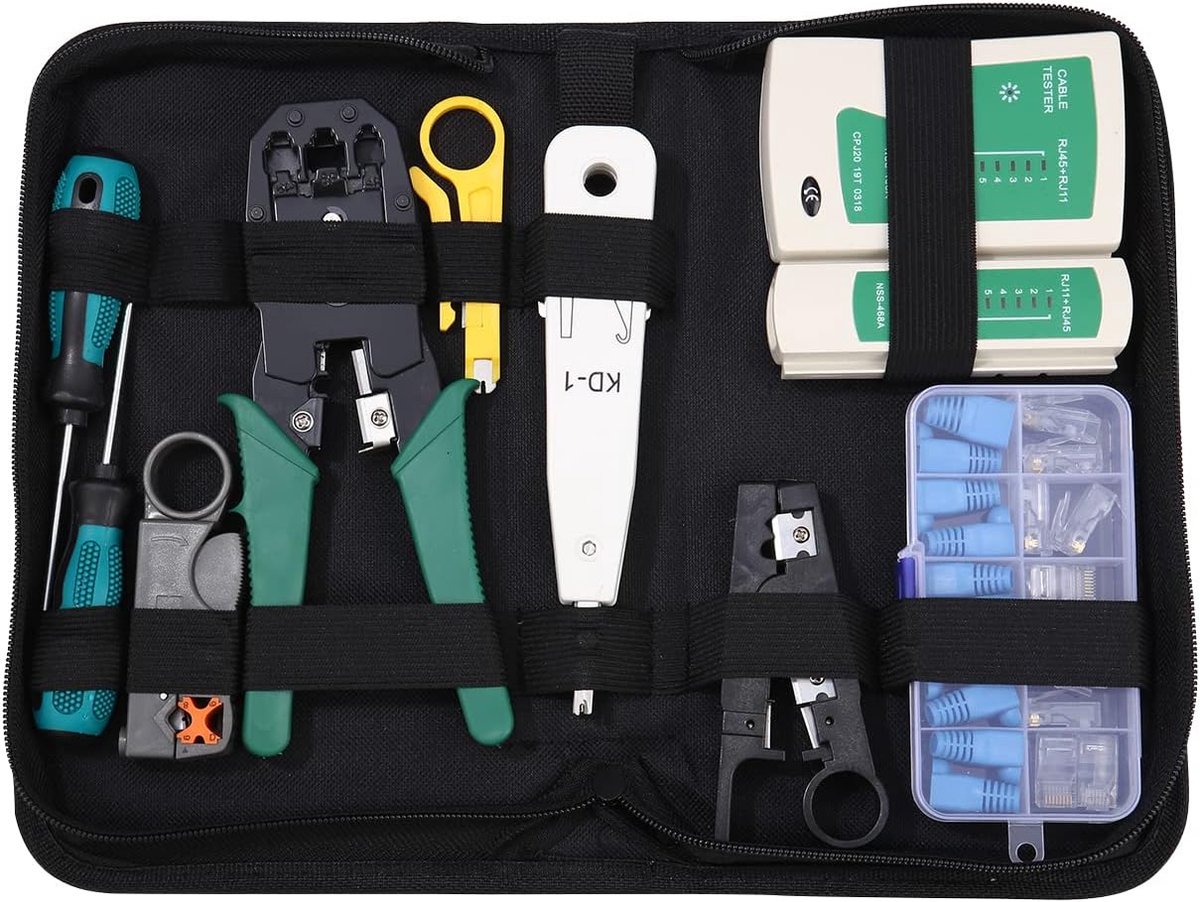 SnelShoppen - 12 in 1 Netwerk Tool Set - Crimping Pliers, RJ45, RJ11, RJ12 Kabels, Computer Onderhoud, LAN Kabel Tester, Punch Hole Tester, Inclusief