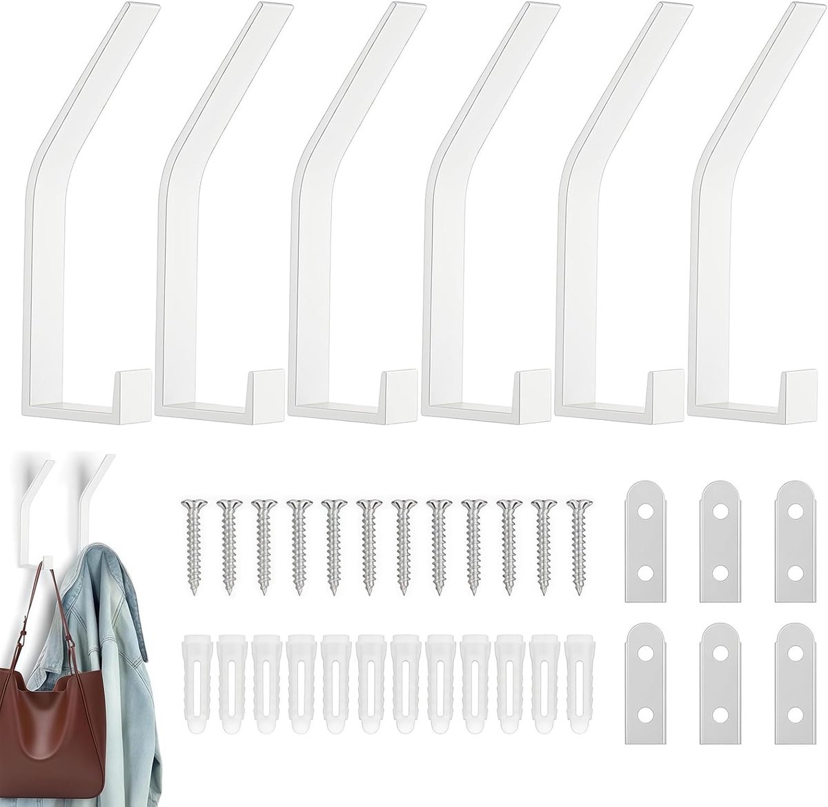 SnelShoppen - 6-delige Zwarte Wandhaakset - Dubbele Kledinghaken voor Jassen, Handtassen, Schalen - Robuuste Gevoerde Kledinghaken van Hoogwaardige St