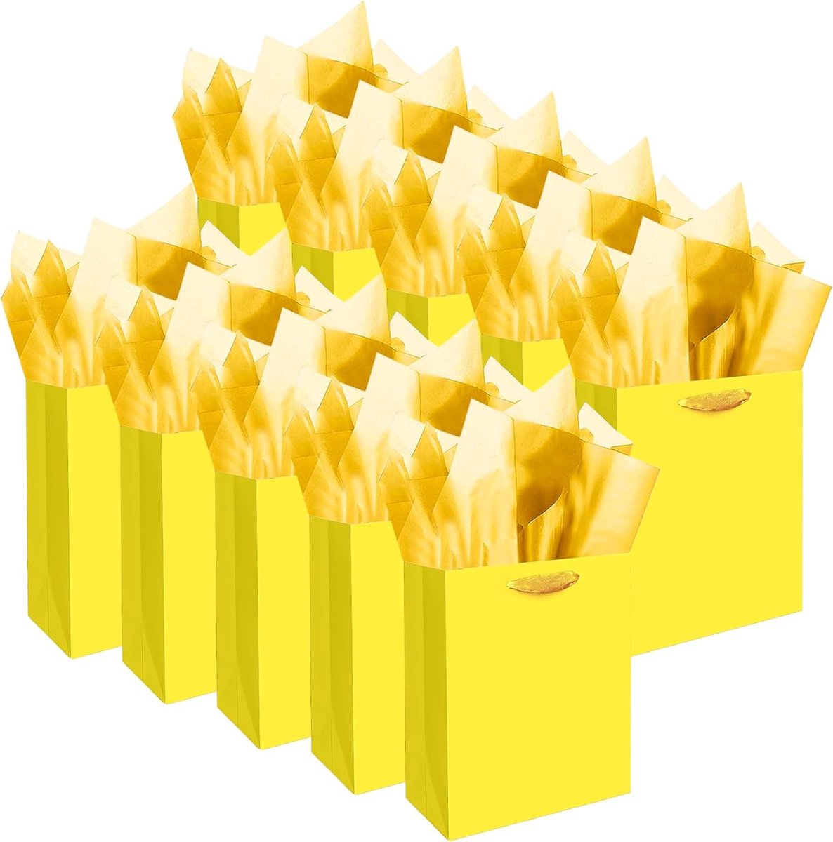 SnelShoppen - 10 stuks lichtgevende gele mini-geschenkzakjes met zijdepapieren handgrepen, 16 x 11 x 6 cm, kleine cadeautasjes voor feestjes, 30 stuks
