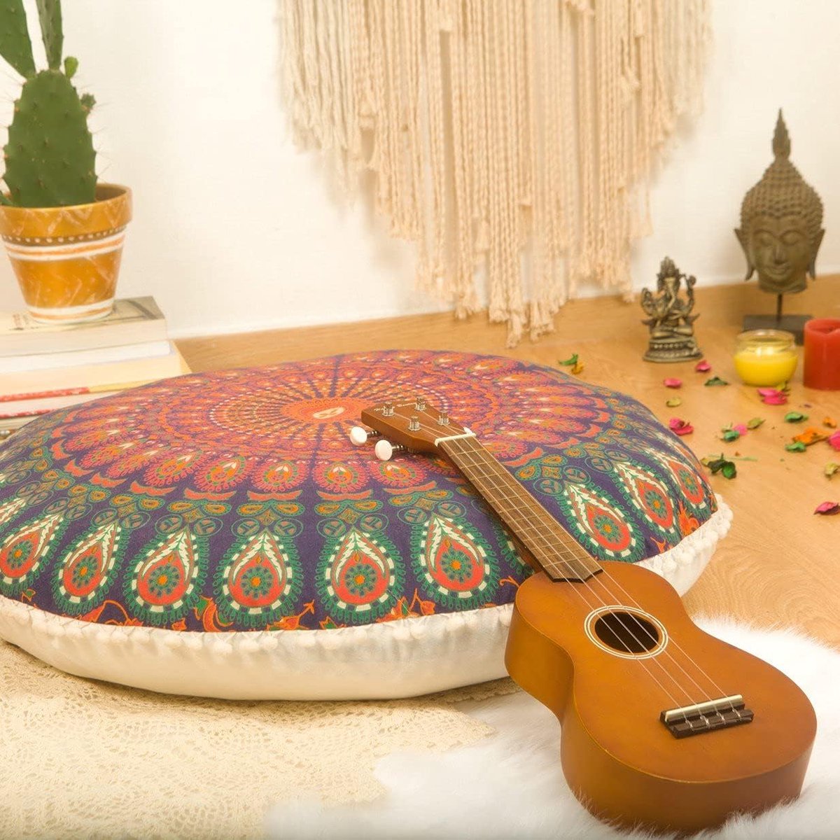 SnelShoppen - Mandala Boho Yoga Decor - 75cm Rond Vloerkussen Cover - Handgemaakt Katoenen Meditatie Tapijt Kussen - Creatieve Accent voor Woonkamer e