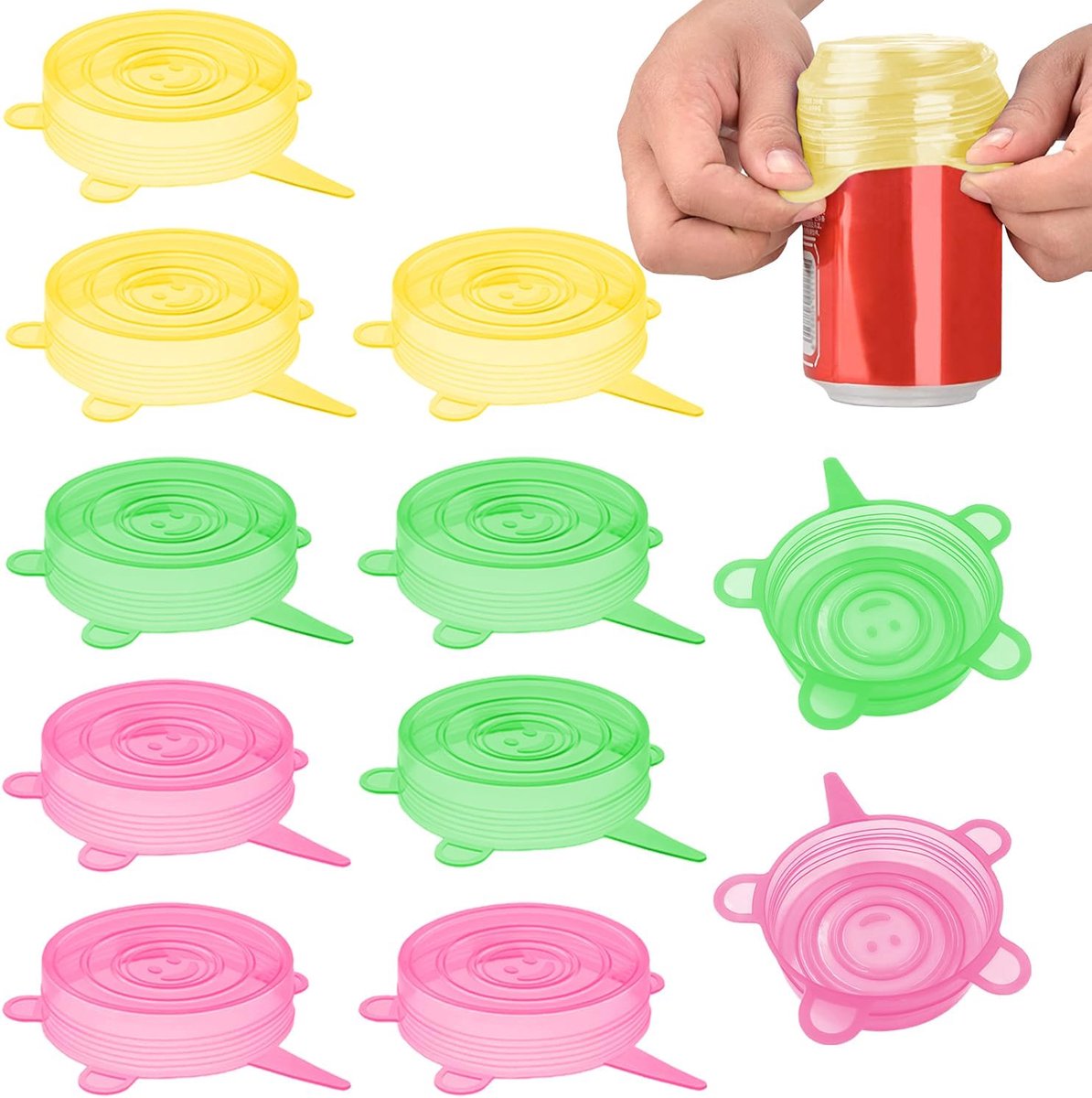 SnelShoppen - Pack van 12 Herbruikbare Silikon Luchtdichte Deksel voor Flessen, Glazen en Potten, BPA Vrij, Vaatwasserbestendig, Perfect voor Dranken,