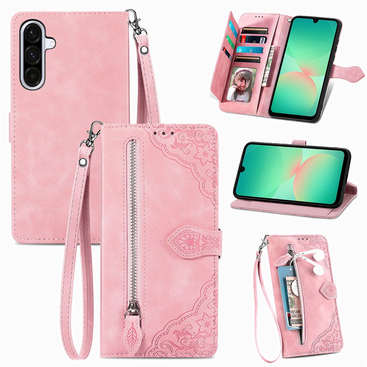 Telefoonhoesje geschikt voor Samsung Galaxy A27 5G - Portemonnee met rits - book-case hoesje - ruimte voor 7 pasjes - roze