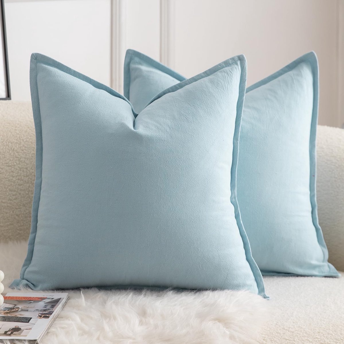 SnelShoppen - Set van 2 Neutrale Katoenen Kussenslopen 60x60cm - Effen Decoratieve Sofa Kussenhoezen Boho Farmhouse Woondecoratie Lichtblauw voor Bank