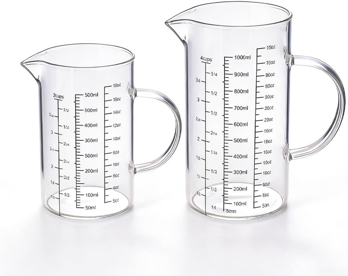 SnelShoppen - Set van 2 Glazen Maatbekers 500 ml + 1 L, Transparante Glas Maatbeker met Tuit en Handvat, 3 Maatbekers (L/oz/Cups) voor Bakken en Koken