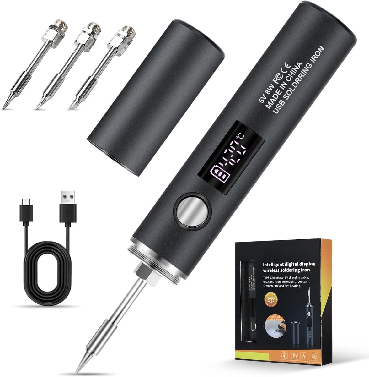 SnelShoppen - Draadloze USB-C Acculötkolben Set met LCD Display, 5-instellingen Temperatuur 260℃-460℃, 3 Soldering Tips voor DIY Projecten en Reparati