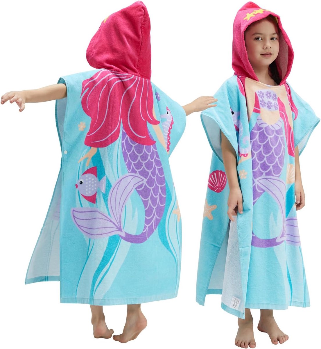 SnelShoppen - Kids strand poncho handdoek met capuchon, 100% katoen, surf wrap voor jongens en meisjes 3-12 jaar, perfect voor zwembad, camping en vak