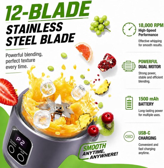 SnelShoppen - Draagbare Blender Smoothie Maker To Go 500 ml met LED-Display, 12 Messen, USB Oplaadbaar, BPA-vrij, Ideaal voor Sport, Reizen, Kantoor e van Snelshoppen — afbeelding 2