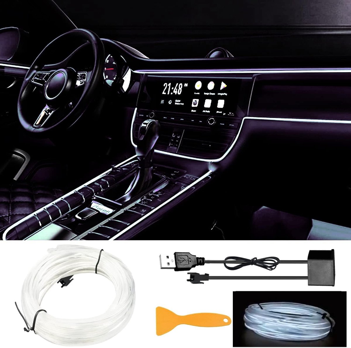 SnelShoppen - EL Wire LED Interieur Verlichting voor Auto, USB Neon Draadverlichting, 197 Inch, 6mm, Glanzende EL Draad, Sfeerverlichting Set van 5 Me