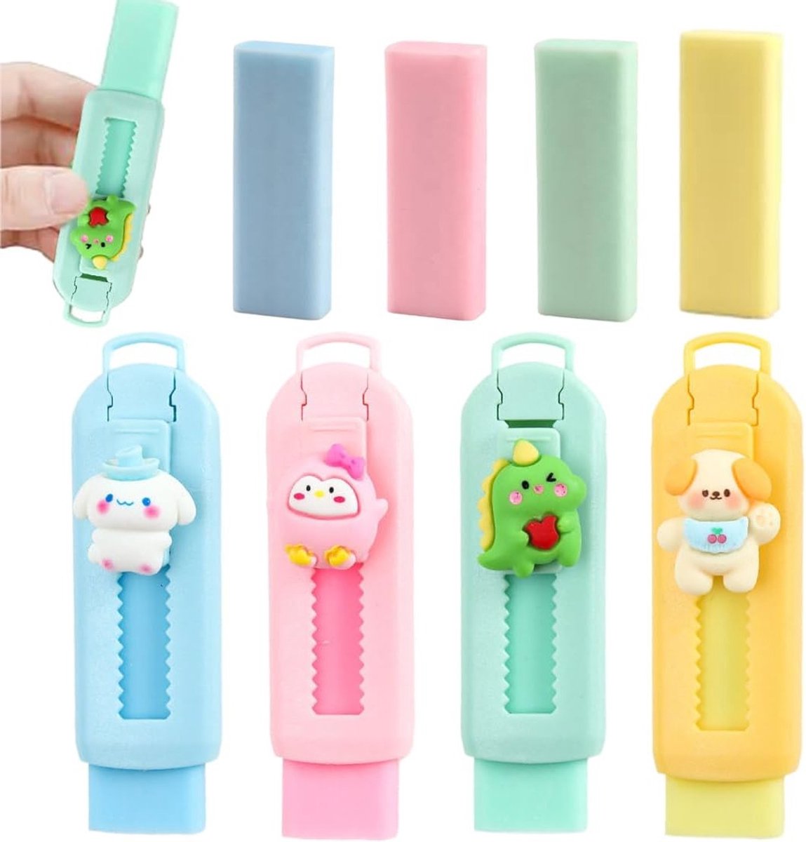 Verstelbare Gum in Schattige Puppy en Dinosaurus Vorm, Perfect voor School en Kantoor, Leuke Cadeau-Idee, Set van 4, 2.5 x 9 x 1.5 cm, Creatief en Functioneel Kantooraccessoire