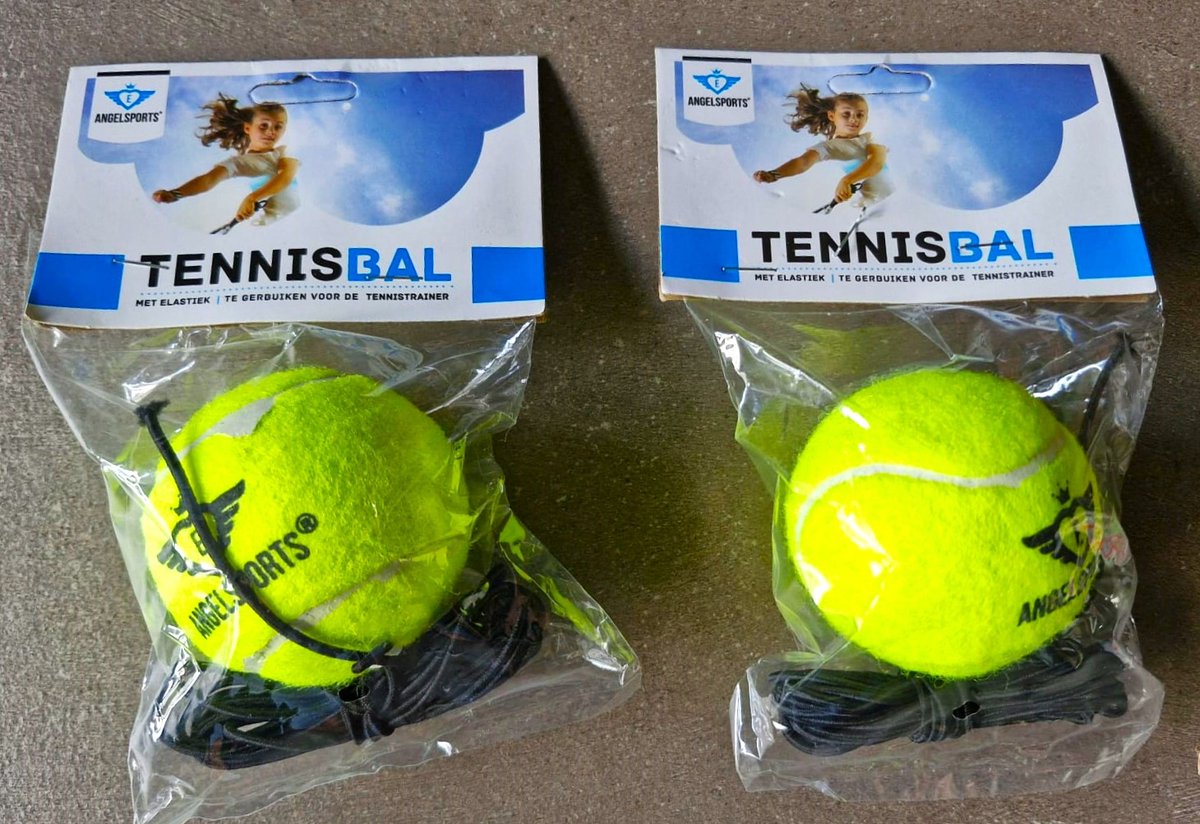 Set van 2 tennisballen met elastiek voor aan tennistrainer / om alleen te tennissen / bevestiging aan paal / grond / buiten speelgoed (cadeau idee kinderfeestje / vakantie)