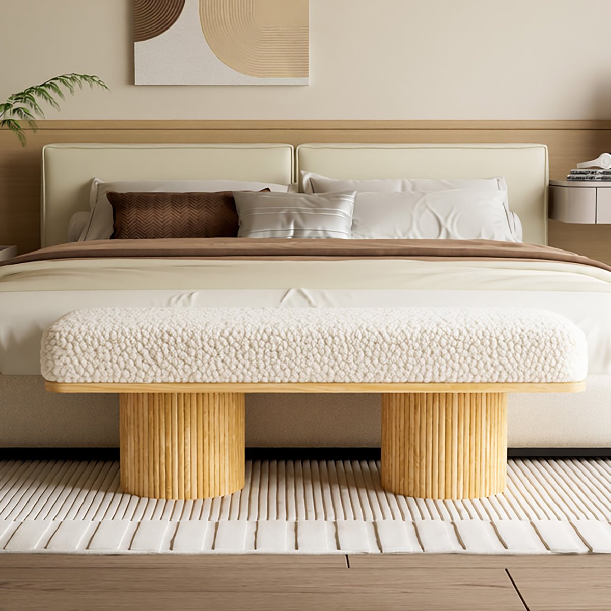 DESMIU Bankje 122 Cm Fluffy Met Massief Houten Basis Teddy Fleece Creme Voor Slaapkamer En Entree Modern En Comfortabel