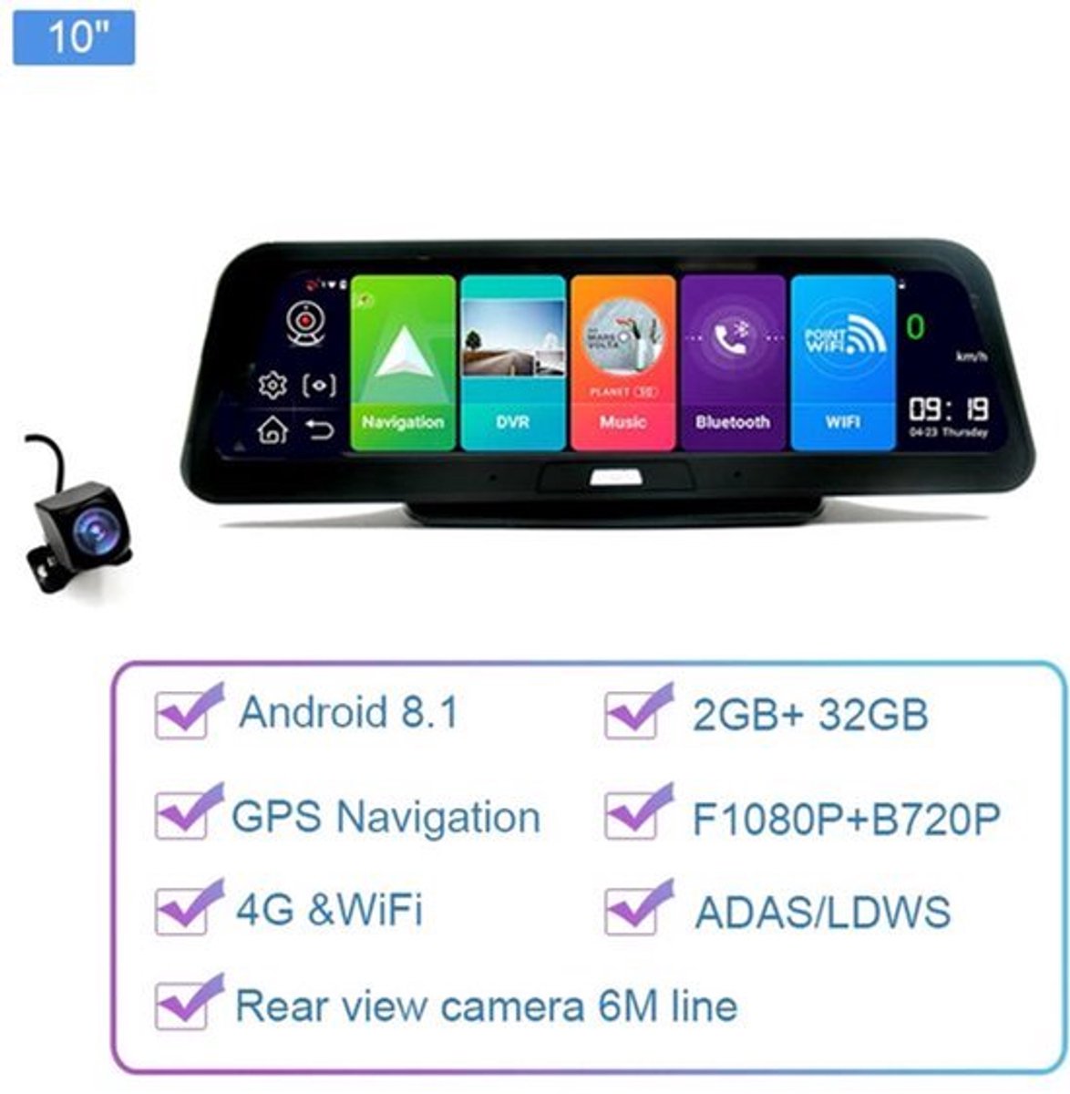 Dashcam voor Auto - 10" 4G Android 8.1 Dashcam - GPS Navigatie, Dual 1080P Camera - ADAS Rijhulp - Parkeermodus - Achteruitrijcamera - WiFi - Bluetooth - G-Sensor - Loop Recording - Zwart