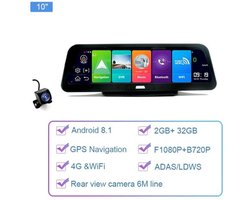 Dashcam voor Auto - 10" 4G Android 8.1 Dashcam - GPS Navigatie, Dual 1080P Camera - ADAS Rijhulp - Parkeermodus - Achteruitrijcamera - WiFi - Bluetooth - G-Sensor - Loop Recording - Zwart