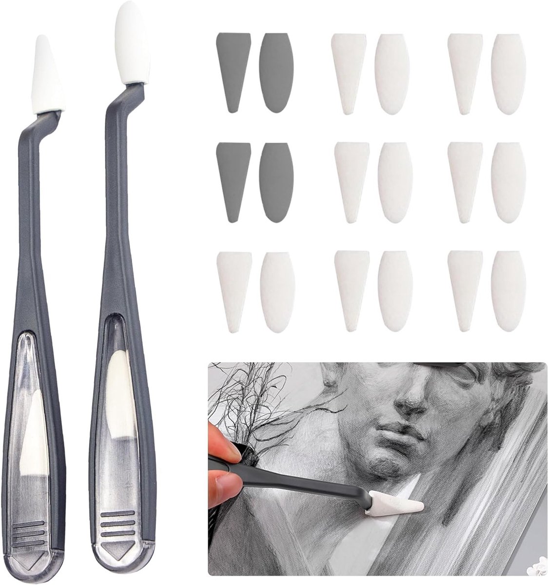 Tekenmateriaal Set - 2 x 14 Cup Gum voor Mengtechnieken en Tortillions met Schrapers, Spons en Kneedgum voor Kunstzinnige Schetsen