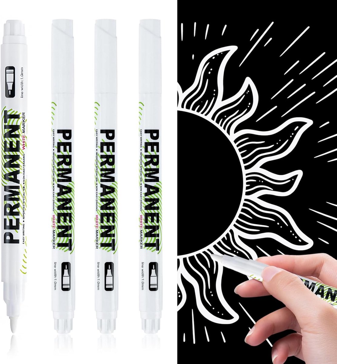 SnelShoppen - Set van 4 witte acryl verfmarkers, 1 mm fijne punt, permanente stiften, waterproof en sneldrogend voor stenen, keramiek, hout, metaal, p