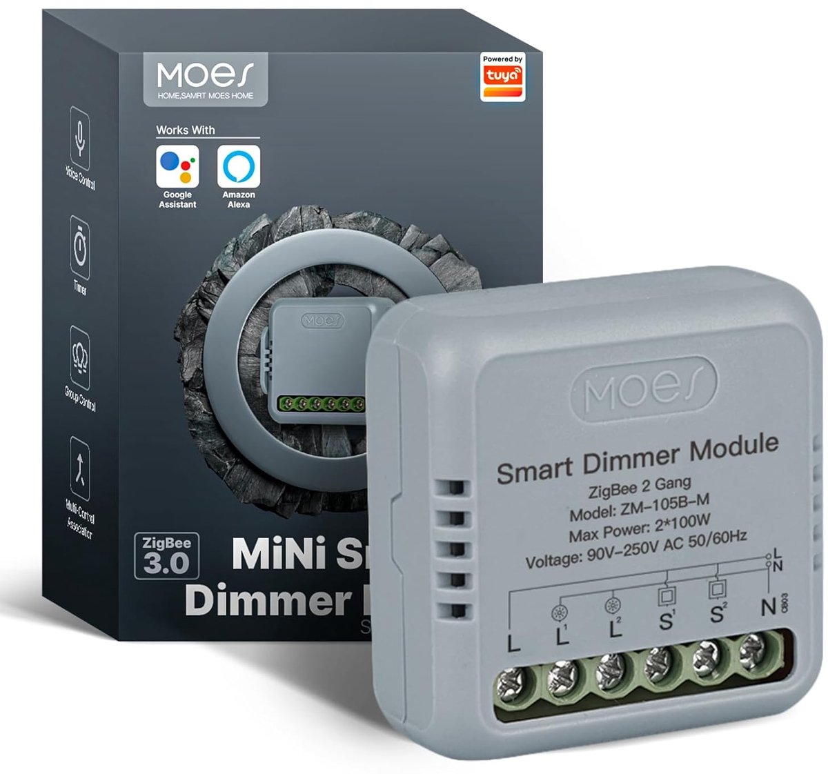 SnelShoppen - Mini ZigBee LED Dimmer Switch Module, Slimme Flush-Mounted Dimmer voor Alexa en Google Home, 2 Kanalen, Compact 40x40mm, Ideaal voor Thu
