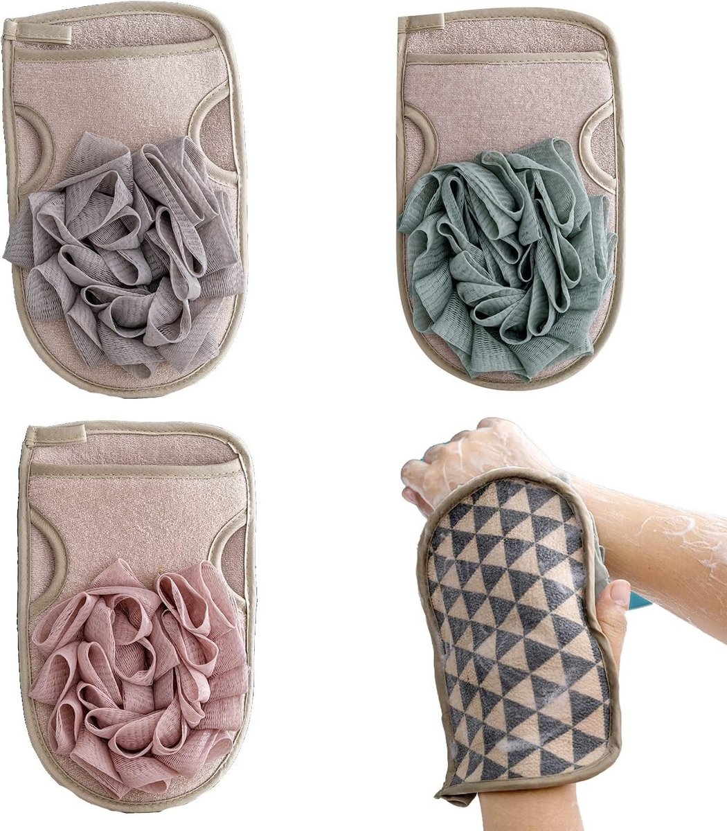 Set van 3 Dubbelzijdige Scrub Handschoenen - Douchehandschoen met Spons - Dode Huid Verwijderen - Voor Lichaam en Gezicht - Geschikt voor Mannen en Vrouwen
