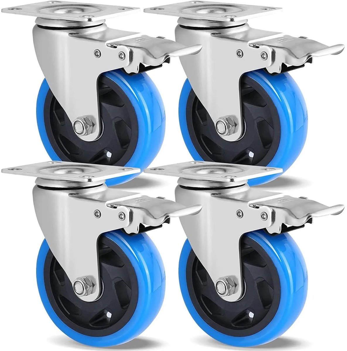 NAVOBIZ Set van 4 transportwielen - Zwenkwielen - Meubelwielen - 600 kg draagvermogen - 360° draaibaar - Remfunctie - Blauw
