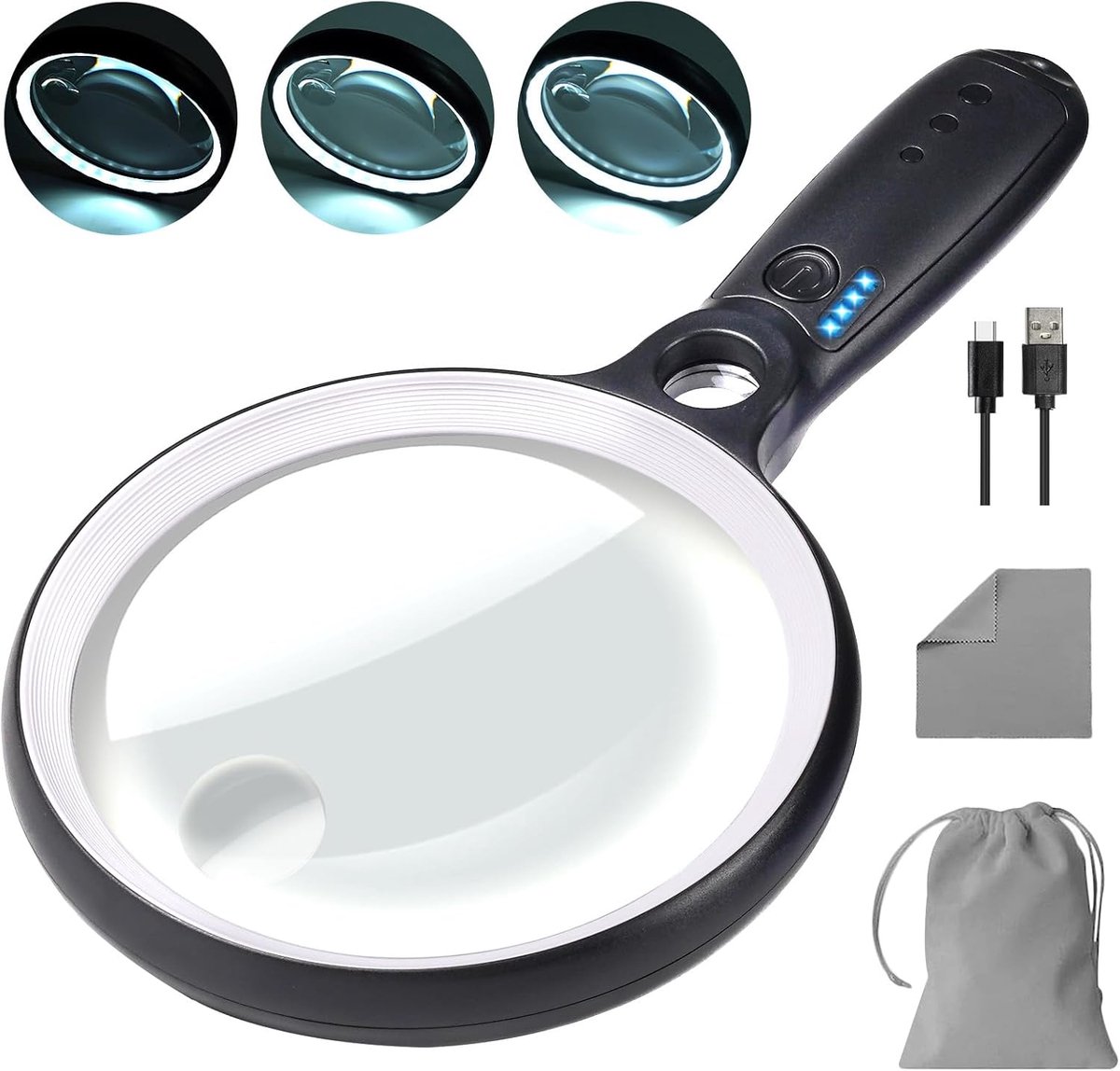 SnelShoppen - Vergrootglas met 37 LED Lichten, 10x 20x 45x Handheld Verlichting, Oplaadbaar Vergrootglas voor Senioren, Lezen, Inspectie, Wit & Zwart